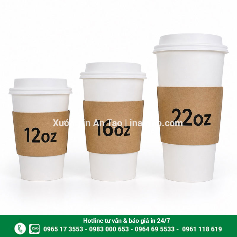 Kích thước cover cốc giấy theo từng dung tích Minh họa kích thước cover cốc giấy cho ly 12oz 16oz và 22oz