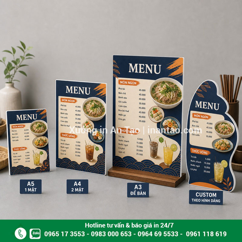 Chọn kích thước menu formex phù hợp nhu cầu Các kích thước A5 A4 A3 và menu bồi formex cắt theo hình
