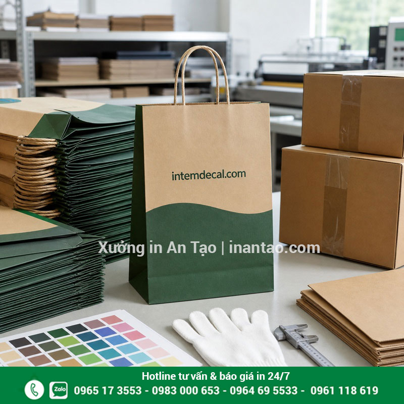 Kiểm tra và đóng gói túi giấy trước khi giao Kiểm tra màu kích thước và đóng gói túi giấy thành phẩm