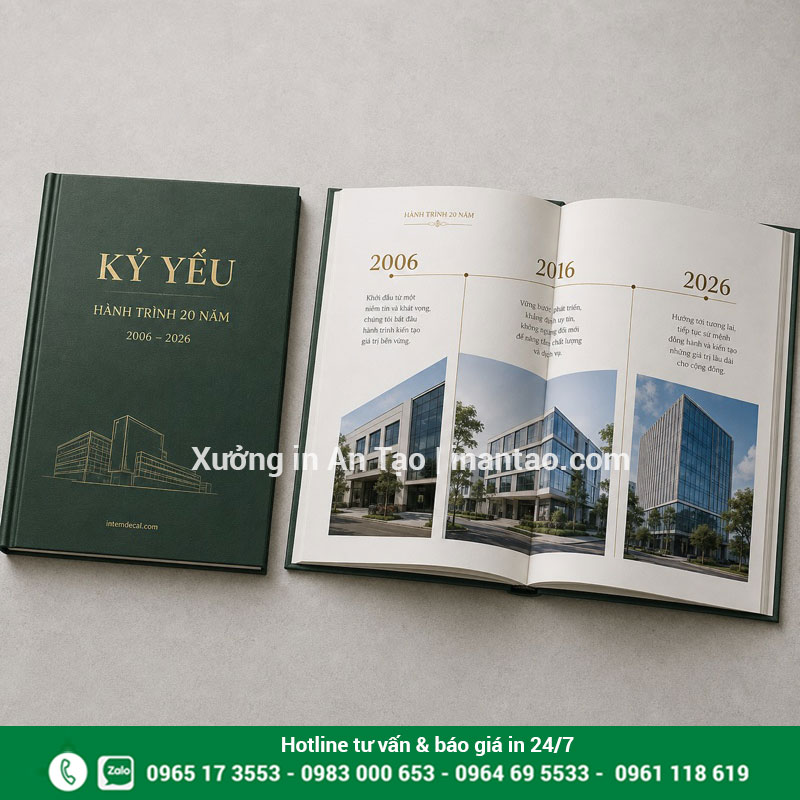 Mẫu kỷ yếu công ty theo dòng thời gian Kỷ yếu doanh nghiệp bìa xanh với trang ruột trình bày hành trình 20 năm