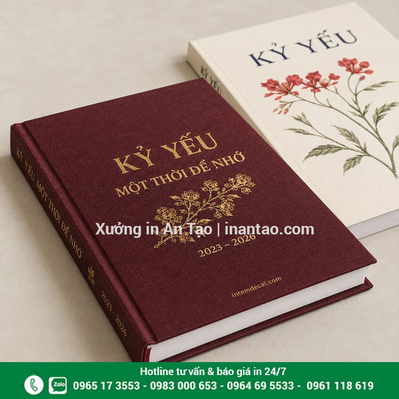 Gợi ý làm bìa kỷ yếu với tiêu đề ánh kim Bìa kỷ yếu màu đỏ rượu có chữ ánh kim đặt cạnh cuốn bìa kem