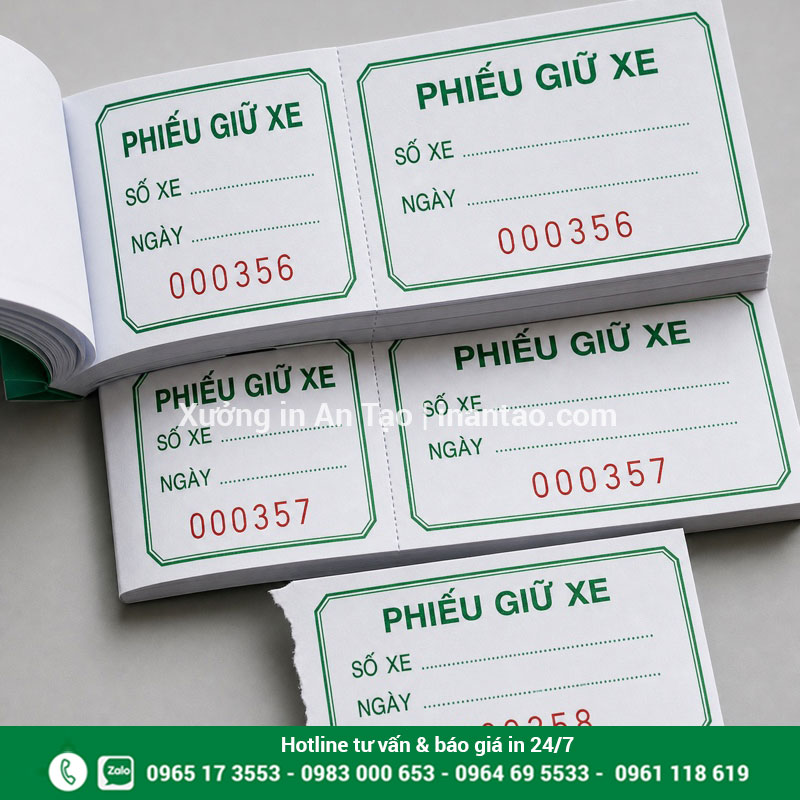 In phiếu giữ xe số nhảy rõ và dễ đối chiếu Mẫu in phiếu giữ xe có số nhảy liên tục và đường xé