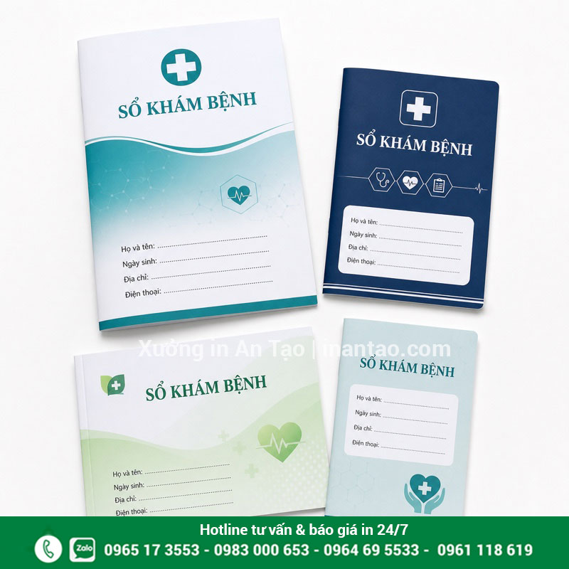 Mẫu sổ khám bệnh A5 và A6 theo yêu cầu Bốn mẫu sổ khám bệnh màu xanh trắng chuyên nghiệp