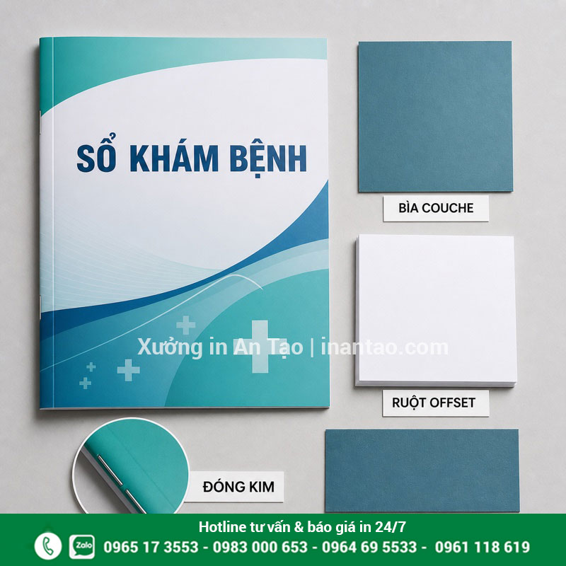 Quy cách giấy và đóng kim sổ khám bệnh Quy cách bìa Couche ruột Offset khi in sổ khám