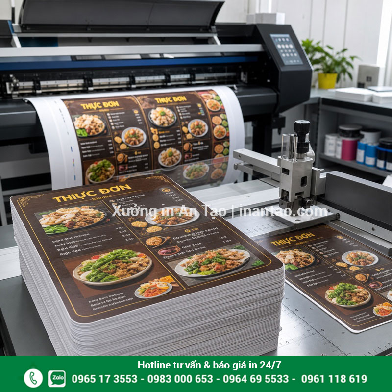Sản xuất và gia công menu nhựa PVC tại xưởng Quy trình in menu nhựa PVC và bo góc thành phẩm