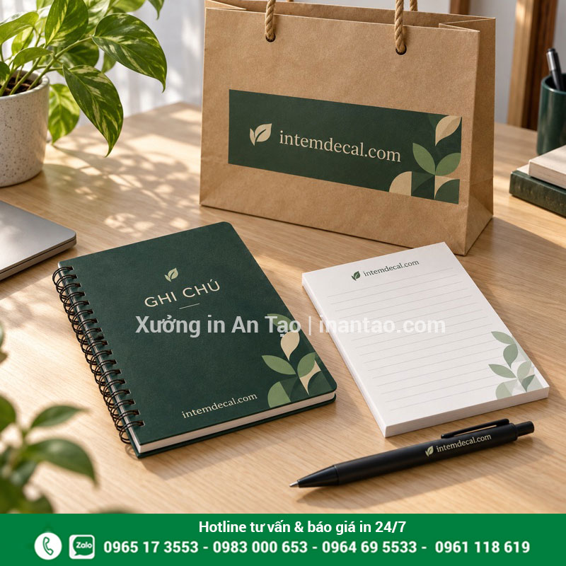 Sổ ghi chú in logo cho quà tặng doanh nghiệp Bộ sổ ghi chú in logo phối cùng bút và túi giấy