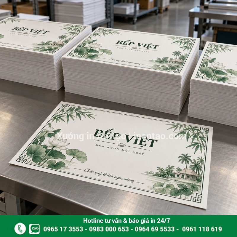 Minh họa giấy lót bàn sau in và cắt thành phẩm Các chồng giấy lót bàn in họa tiết xanh được xén cạnh ngay ngắn