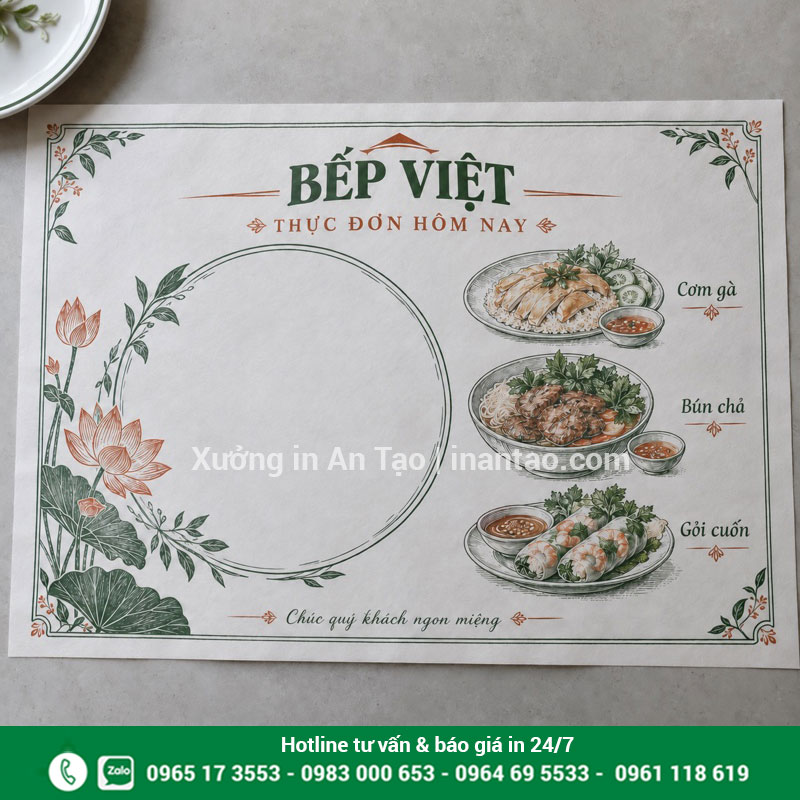 Thiết kế tờ lót bàn kết hợp thực đơn ngắn Bố cục tờ lót bàn Bếp Việt có tên món và họa tiết xanh cam