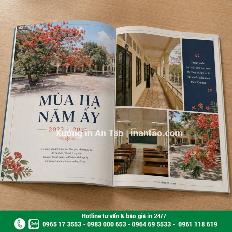 Bố cục trang ruột khi in kỷ yếu lớp Trang ruột kỷ yếu mở đôi với ảnh sân trường, lớp học và hoa phượng