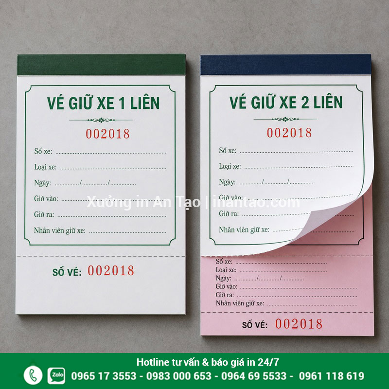 Chọn vé giữ xe 1 liên hoặc 2 liên theo nhu cầu So sánh vé giữ xe 1 liên và vé giữ xe 2 liên carbonless