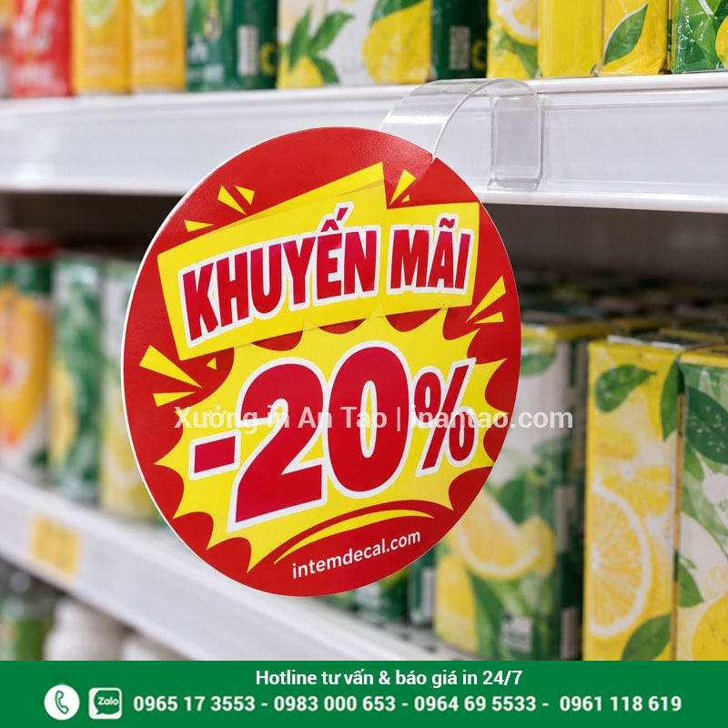 Wobbler quảng cáo gắn kệ tại intemdecal.com Mẫu wobbler tròn khuyến mãi 20% gắn trên kệ bằng thân nhựa trong