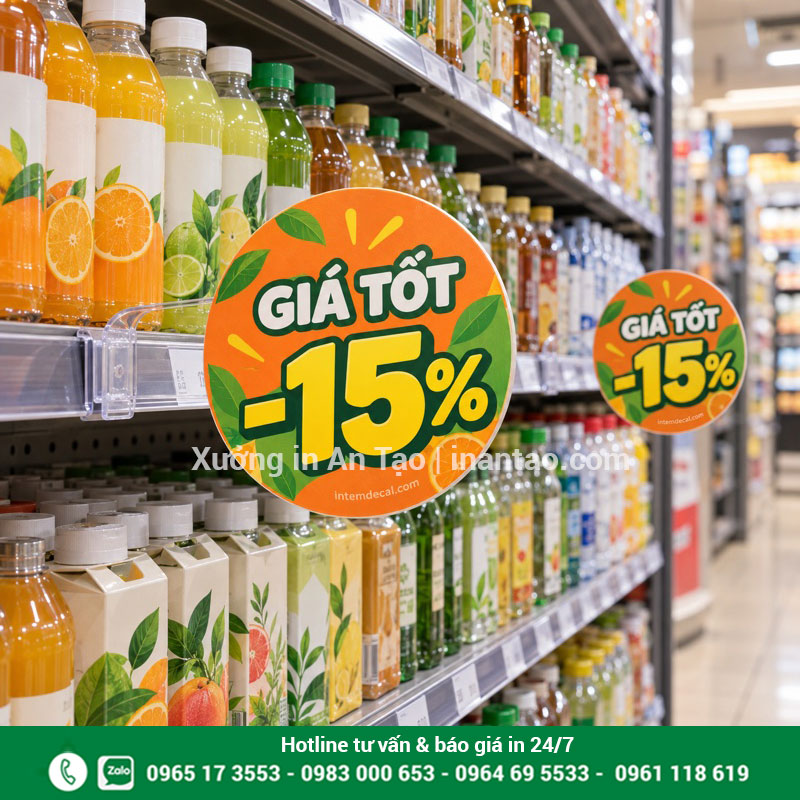 Mẫu wobbler siêu thị trưng bày trên kệ đồ uống Hai bảng giá tốt giảm 15% bố trí dọc kệ nước uống trong siêu thị